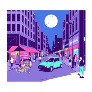 A vibrant city street scene is illuminated by a large, glowing full moon casting soft light across the bustling sidewalk. Numerous pedestrians are walking, some chatting animatedly, while others are engrossed in their phones. Tall buildings line both sides of the street, their windows reflecting the moonlight. Colorful storefronts display various items, adding a lively atmosphere. A teal taxi cab is driving down the street, and a yellow bicycle is parked against a lamppost. Street vendors are selling snacks, and a few people are seated on benches, enjoying the night air.