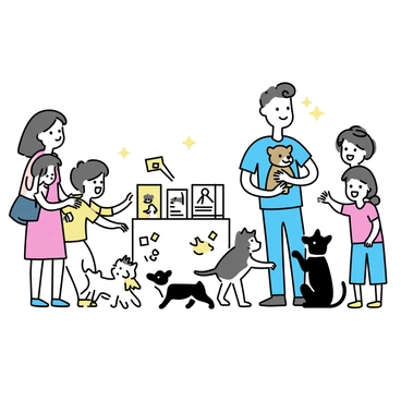 A flat illustration of a pet adoption event taking place in a park. There are several families gathered, each with smiling faces. One family consists of a man with a blue t-shirt and jeans, holding a small brown puppy. Another family features a woman in a red dress, crouched down to pet a fluffy white cat. In the background, there is a table with information about the pets, decorated with colorful flyers. Various animals, including dogs and cats, are playfully interacting with children, who are laughing and reaching out to them. The scene is filled with vibrant colors, showing the joy of the adoption event.