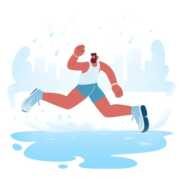 A marathon runner in a bright, fitted athletic outfit is splashing through large puddles on a wet street. The runner's feet are partially submerged in the water, sending droplets flying in all directions. Raindrops are visibly falling, creating ripples on the surface of the puddles. The background features blurred outlines of trees and buildings, all shimmering with the moisture of the rain. The overall atmosphere conveys a sense of determination and movement as the runner pushes forward through the challenging weather.