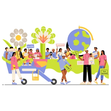 A vibrant parade scene featuring multiple floats made from recycled materials. Each float displays creative designs, such as a large flower made of plastic bottles, a tree constructed from cardboard, and a giant globe representing Earth made from aluminum cans. Colorful banners reading "Sustainability" and "Protect Our Planet" are prominently displayed on the floats. Participants in the parade wear costumes made from upcycled fabrics and materials, holding signs with messages about environmental awareness. The crowd watching the parade is diverse, with people of different ages smiling and engaging with the festive atmosphere.