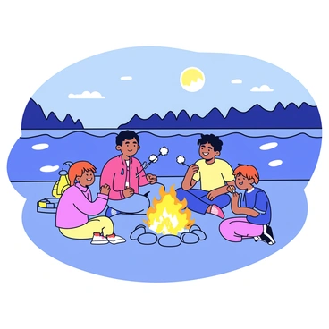 A family of four sitting around a campfire in the evening. The campfire is surrounded by smooth stones, creating a cozy circle of warmth. Each family member is engaged in the moment; one parent is roasting marshmallows on a stick, while the other is sharing a story. The tent is pitched nearby, with its flaps slightly open, and a few camping gear items are scattered around. The riverbank is visible in the background, with calm water reflecting the moonlight. Silhouettes of trees line the edge of the river, creating a serene atmosphere.