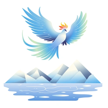 A majestic phoenix with shimmering icy blue feathers is soaring upwards, its wings spread wide. The flames surrounding the phoenix are a striking icy blue, creating a stark contrast against the cold, clear sky. Below, a frozen lake reflects the brilliant colors of the phoenix, with intricate patterns of ice visible on its surface. Snow-covered mountains rise in the distance, their peaks glistening in the sunlight. The scene captures the powerful juxtaposition of the phoenix's fiery essence and the serene, frozen landscape beneath it.