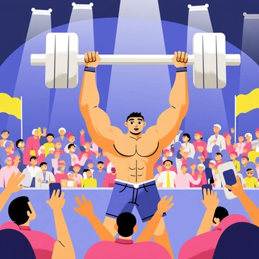 A strongman competition scene depicting a muscular competitor lifting a large, shiny dumbbell over his head. The dumbbell is enormous, with a silver finish and large weights on either side. In the background, a vibrant, cheering crowd is filled with excited spectators waving their hands and holding colorful banners. Bright lights shine down on the arena, highlighting the action and energy of the event. Some spectators are taking pictures with their smartphones, capturing the intense moment.