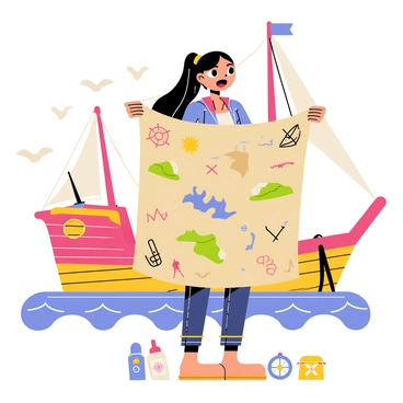 A gesugao ship girl with long, flowing hair is standing on the deck of a colorful ship. She has a surprised expression on her face as she holds an ancient, rolled-up treasure map in her hands. The ship has vibrant sails and wood accents, with a few seagulls flying in the background. The treasure map is adorned with drawings of islands, X marks, and sea creatures, suggesting adventure ahead. Various nautical elements, such as a compass and ship wheel, can be seen around her, emphasizing the maritime theme.
