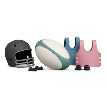 A rugby ball, featuring a classic oval shape with white and green panels, is placed prominently in the center. Surrounding the ball are a black helmet with a faceguard, showcasing its sturdy construction and padding. There are two pairs of padded shoulder and chest pads, one in navy blue and the other in bright red, showcasing their protective design. A pair of black cleats, specifically designed for traction on the field, is positioned next to the pads. The background is a subtle gradient that highlights the equipment, ensuring each item stands out clearly.