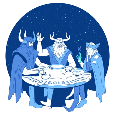 Odin is depicted sitting at the head of a round stone table, surrounded by other Norse gods including Thor, Loki, and Freyja. The gods are engaged in a serious discussion, with Odin raising his hand as if making a point. The table is adorned with intricate carvings and glowing runes. In the background, the starlit sky sparkles with countless stars, illuminating the scene with a soft, ethereal light. The expressions on the gods' faces reflect deep contemplation and resolve, while hints of their iconic attire are visible, showcasing their unique symbols and colors.