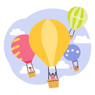 A variety of cartoon hot air balloons in bright colors, including red, yellow, green, and blue, are floating gently in a clear blue sky. Each balloon has a unique pattern, such as stripes, polka dots, and stars. The balloons are tied to wicker baskets that dangle below, showcasing small cartoon characters waving from inside. Fluffy white clouds are scattered throughout the sky, adding to the cheerful atmosphere of the scene.