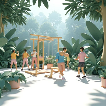 A fitness retreat set in a lush green rainforest, surrounded by towering trees and vibrant foliage. The scene features an outdoor workout area with a lat pulldown machine, made of natural materials that blend harmoniously with the environment. Nearby, a group of individuals, dressed in colorful athletic wear, are engaged in various exercises, including lat pulldown workouts, showcasing their determination and focus. Sunlight filters through the leaves, casting dappled shadows on the ground, creating a dynamic atmosphere that emphasizes both fitness and the beauty of nature.