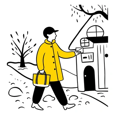 A postman wearing a bright yellow raincoat is walking along a cobblestone street while holding a large leather satchel filled with letters. Raindrops are falling, creating small splashes on the pavement. In the background, there are blurred outlines of leafless trees swaying in the wind, with puddles forming on the ground. The postman is reaching out to place a letter into a mail slot on a weathered wooden door.