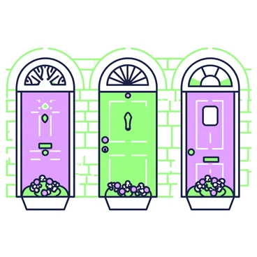 A row of Dublin's famous Georgian doors is displayed along a brick wall. Each door features a unique design, showcasing intricate carvings and different doorknob styles. The doors include a variety of shapes such as arched and rectangular tops. Flowers are arranged in window boxes beneath the doors, adding charm to the scene. Above the doors, there are decorative fanlights with various patterns. The overall composition captures the essence of Georgian architecture and the vibrant character of Dublin.