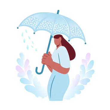 A person is standing under a delicate lace umbrella. The umbrella has intricate patterns and is partially open, creating a soft canopy above. Light droplets of rain are falling around, creating a gentle mist in the air. The person is wearing a light, flowy garment that flutters slightly with the breeze. In the background, blurred silhouettes of trees can be seen, their leaves glistening with moisture from the drizzle. Soft gradient pastel colors fill the scene, enhancing the tranquil atmosphere.