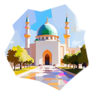 The Green Dome of the Prophet's Mosque in Medina rises prominently against a clear blue sky. The dome is a rich shade of green, intricate in design, and surrounded by elegant minarets that reach upward. The mosque's grand architecture features ornate details, with impressive arches and intricate patterns adorning its exterior. In the foreground, there are lush green trees and well-maintained pathways leading toward the mosque, emphasizing its significance and beauty. The scene is bathed in bright daylight, enhancing the vibrant colors and details of the structure.