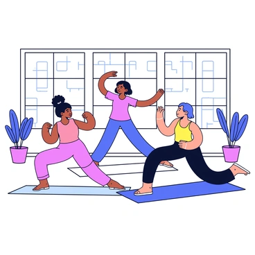 A group of three girls practicing yoga in a bright studio. The instructor is demonstrating a pose in the front. The studio has large windows allowing natural light to flood the space. The girls are wearing colorful leggings and tank tops while following the instructor’s lead. There are yoga mats on the wooden floor, and a few potted plants are placed around the studio for decoration.