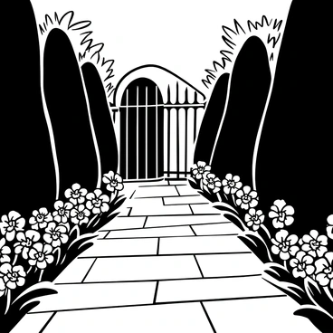 A gothic-style garden with a winding stone path, flanked by tall, dark hedges. Black flowers with intricate details are arranged in neat clusters along the path, adding depth to the scene. At the end of the path, there is a large wrought-iron gate partially open, revealing a shadowy archway beyond. Lush, dark foliage surrounds the area, creating a sense of enclosure and mystery.