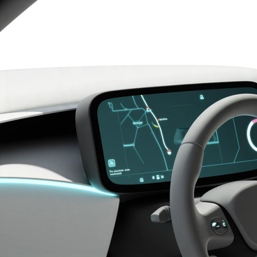 A close-up view of an electric car's futuristic dashboard. The dashboard features sleek, aerodynamic lines and a glossy surface. A large digital display shows a detailed map with various route options highlighted in vibrant colors. Touch-sensitive controls are seamlessly integrated into the design, glowing softly with illuminated icons. The steering wheel, wrapped in premium leather, has buttons integrated for easy access to navigation and vehicle settings. Subtle ambient lighting accents the edges of the dashboard, enhancing the modern look.