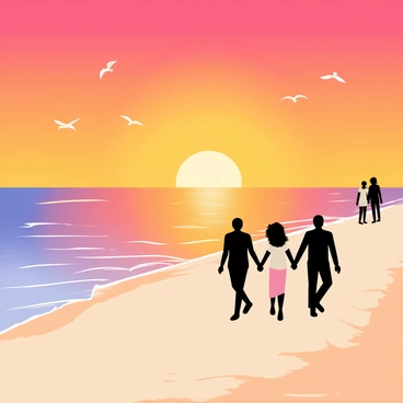 A beach scene during sunset, featuring a vibrant orange and pink sky reflecting on the water. Silhouettes of multiple couples are strolling along the shore, holding hands and enjoying their time together. The sand appears soft and slightly wet, glistening from the waves. Gentle waves are lapping at the shore, creating a calming atmosphere. Seagulls are flying in the distance, adding to the coastal ambiance.