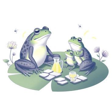 A family of frogs is seated on a large green lily pad, enjoying a picnic. The adult frogs are larger and have textured skin, while the smaller frogs, likely their children, are vibrant and playful. On the lily pad, there is a spread of sandwiches, neatly arranged and cut into small sections. A pitcher of lemonade rests nearby, with a few glasses beside it, filled to the brim. Various insects can be seen buzzing around the picnic area, and there are a few colorful flowers blooming around the lily pad, adding to the lively atmosphere of the scene.