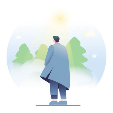 A figure with a silhouette stands at the edge of a foggy area. The figure is wearing a long coat that billows slightly in the breeze. Behind them, the sky is clear and bright with soft sunshine illuminating the scene. The fog creates an ethereal atmosphere, diffusing light in the foreground. In the distance, lush green trees can be seen, partially obscured by the fog. The sun's rays shine through, creating a gentle glow around the figure.