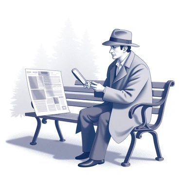 A detective is focused on examining a flyer placed on a park bench. The detective, wearing a classic trench coat and a fedora hat, holds a magnifying glass close to the flyer, scrutinizing the details. The bench is situated in a grassy area of the park, surrounded by trees in the background. The flyer appears slightly wrinkled, with various text and images visible. The detective's expression is one of concentration, highlighting the seriousness of the investigation.