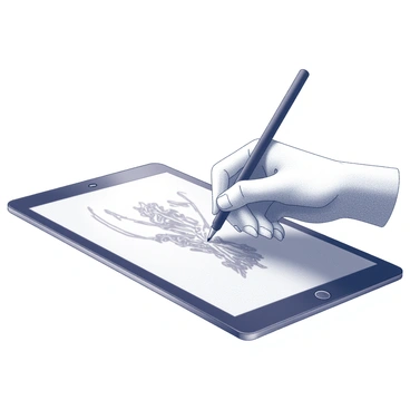 A close-up view of a hand gripping a stylus, poised above the screen of a digital tablet. The hand is engaged in the act of creating an intricate illustration. The tablet displays a partially completed drawing, featuring detailed lines and shapes. The surface of the tablet is reflective, capturing subtle highlights. The fingers of the hand are delicately positioned, demonstrating focus and precision in the artistic process.