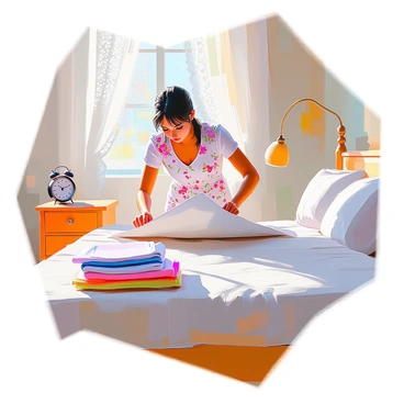 A housewife with medium skin and dark hair, wearing a vintage floral dress, is diligently making a bed in a retro-styled bedroom. She is smoothing out a crisp, white fitted sheet over the mattress. The room features pastel-colored walls, a patterned wallpaper, and classic wooden furniture. A neatly folded set of colorful sheets is placed at the foot of the bed, and a vintage alarm clock sits on a nightstand. Sunlight filters through lace curtains, casting soft shadows on the floor.