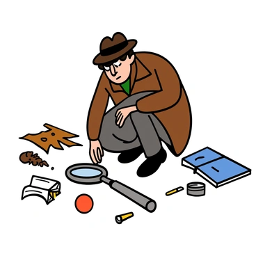 A detective with light skin and short black hair is crouched down at a crime scene, examining the ground closely. He is wearing a brown trench coat and a fedora hat. Around him are clues scattered on the floor, including a couple of muddy footprints leading away and a silver magnifying glass resting beside a piece of torn fabric. The scene is chaotic, with evidence markers placed next to various items, like a half-open notebook and a discarded cigarette butt. The detective is focused, with an expression of concentration on his face as he searches for more clues.