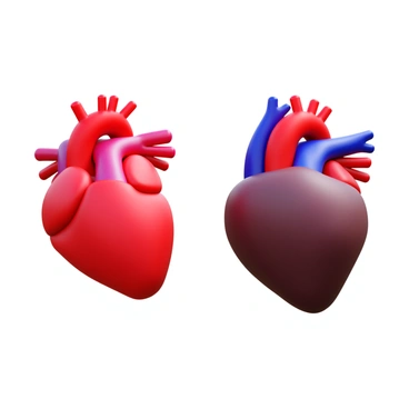 A healthy heart displayed on the left side, showing a robust and well-defined structure with smooth surfaces and vibrant red color. The arteries and veins are clearly visible, showcasing a proper blood flow. On the right side, a heart affected by heart failure, exhibiting an enlarged and misshapen form. The texture appears rough and the color is darker, symbolizing compromised function. The surrounding area highlights the differences, emphasizing the stark contrast between the two hearts.