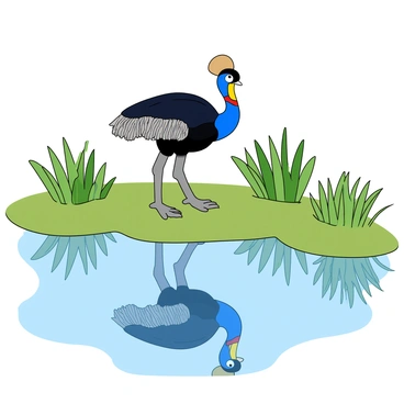 A large cassowary stands beside a calm pond, its vibrant blue and black feathers glistening in the sunlight. The bird has a striking yellow wattle hanging from its neck. It is reflected perfectly in the still water, creating a mirror image of its distinctive curved casque on top of its head. Surrounding the pond are lush green plants and tall grass, enhancing the natural setting. The water's surface is smooth, with no ripples, capturing the scene in clear detail.