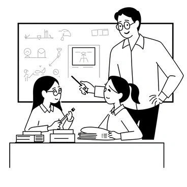 A teacher standing beside a student seated at a cluttered desk, filled with books and sketches related to the project. The teacher, wearing a button-down shirt and glasses, leans slightly forward with an encouraging smile, pointing at the student’s work. The student, focused and slightly tense, is a young girl with glasses, furrowing her brows, holding a pencil in one hand while looking up at the teacher. The background features a chalkboard filled with notes and diagrams related to the subject.