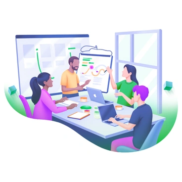 A diverse team of individuals working collaboratively around a large, modern table. There are people of various ethnicities and genders, engaged in discussing ideas. One person is writing on a whiteboard with colorful markers, while others are actively listening and taking notes. The table is filled with laptops, notebooks, and coffee cups. Natural light streams in through large windows, creating a bright atmosphere in the room.