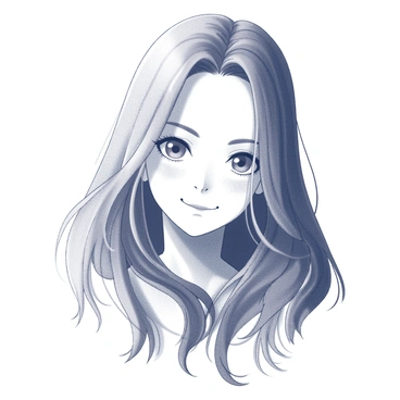 A portrait featuring a girl with long, flowing hair, framed delicately around her face. Her gaze is directed straight ahead, and her eyes appear to keep a watchful glance on the viewer, creating an engaging connection. The background is minimalistic, drawing focus to her facial expression and the intricate details of her features. She has a slight, enigmatic smile that adds to the mystery of the scene. The overall composition is balanced, with soft shadows enhancing her features, creating depth and intrigue.