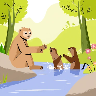 A baboon with a light brown fur coat is playfully interacting with two otters by a forest stream. The baboon is sitting on a smooth rock, with its arms extended towards the otters. The otters, with their sleek brown fur, are splashing water playfully, creating small droplets around them. The forest surrounding the stream is vibrant, filled with tall green trees and lush plants. Sunlight filters through the leaves, casting dappled shadows on the ground. A few colorful flowers bloom near the water's edge, adding splashes of color to the scene.