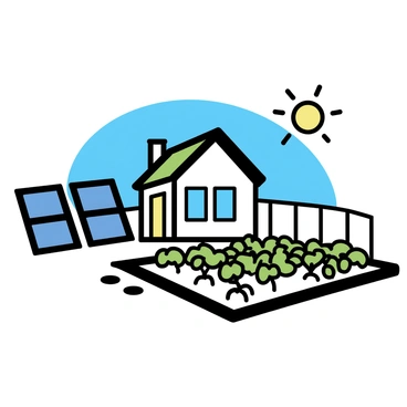 A small, cozy home with a sloped roof and a front porch is surrounded by multiple solar panels on the ground nearby. The house has a light-colored exterior and large windows. In front of the home, there is a well-tended vegetable garden with rows of green plants, including tomatoes and peppers, growing in neat patches. The garden features a wooden fence around it, and a path made of stones leads from the house to the garden. Bright sunlight illuminates the scene, emphasizing the green of the plants and the blue sky above.
