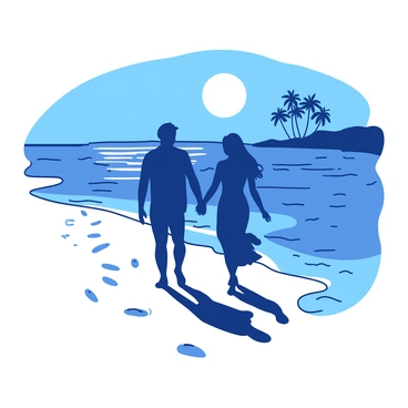 A couple is walking hand-in-hand along a beach at night. The moonlight casts soft reflections on the gentle waves of the water. The couple is silhouetted against the shimmering surface of the ocean, highlighting their figures. There are footprints in the sand leading behind them, disappearing into the distance. In the background, there are subtle outlines of distant palm trees swaying lightly in the breeze. The scene evokes a sense of tranquility and connection.