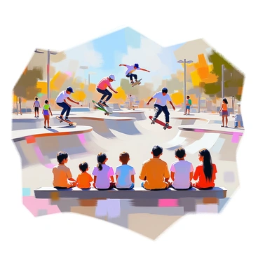 A bustling skatepark filled with skateboarders showcasing various tricks, including an aerial jump and a grind on a rail. The skaters are diverse in age and style, wearing brightly colored clothing and protective gear. In the foreground, a group of families is gathered, with adults seated on benches and children standing nearby, their faces filled with excitement. In the background, ramps and half-pipes are prominent, and a few trees can be seen framing the park scene. The atmosphere is lively, filled with energy and movement.