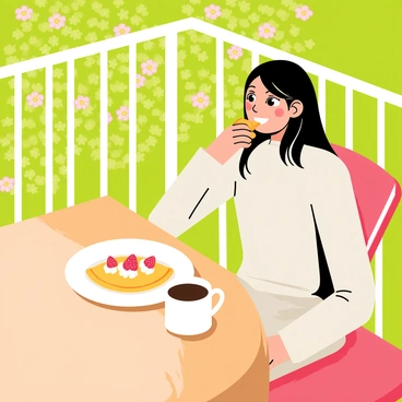 A balcony overlooking a vibrant green garden with blooming flowers. A wooden table is set with a white plate featuring a folded crepe topped with strawberries and whipped cream. Next to the plate, there is a steaming cup of coffee in a ceramic mug. A person with medium-length hair is sitting comfortably on a chair, wearing a light sweater and smiling as they take a bite of the crepe. Sunlight is gently illuminating the scene, casting soft shadows on the table and creating a warm atmosphere.