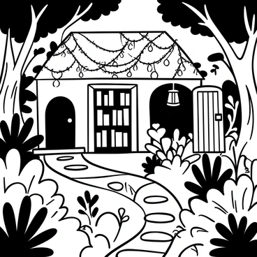 A dense garden filled with various plants and trees, creating a feeling of seclusion. Hidden pathways made of cobblestones wind through the greenery, leading towards a small library. The library is constructed from weathered wood, blending into its surroundings, with a slanted roof covered in creeping vines. Lanterns hang from low branches, casting gentle light along the pathways. Various books are stacked on the shelves visible through the open door, inviting exploration.