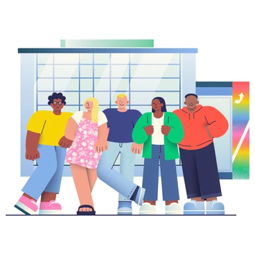 A group of five illustrators is posing together for a team photo in front of their agency. The first illustrator on the left has medium brown skin and curly black hair, wearing a bright yellow shirt and glasses. The second illustrator has fair skin and long, straight blonde hair, dressed in a patterned dress with floral designs. The third illustrator has tan skin with a buzz cut and is wearing a navy blue t-shirt and jeans. The fourth illustrator is a woman with deep ebony skin and braided hair, dressed in a green blazer over a white top. The last illustrator on the right has olive skin and short, spiky hair, wearing a red hoodie and black pants. Behind them, the agency building is visible, featuring large windows and a modern design. A colorful mural can be seen on the wall next to the entrance, adding a vibrant backdrop to the photo.