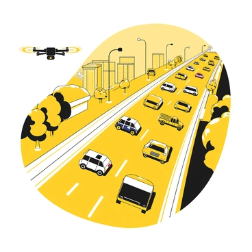 A busy highway filled with a variety of vehicles, including cars, trucks, and motorcycles, moving in both directions. The scene shows a drone hovering above the highway, capturing the dynamic flow of traffic. Surrounding the highway are green trees and buildings alongside the road. The sky is clear, allowing for a bright view of the bustling scene below.