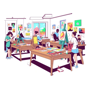 A bright creative workspace filled with art supplies and various artistic tools. The walls are adorned with colorful artwork, showcasing a variety of styles and techniques. There are large wooden tables scattered throughout, each occupied by students engaged in their projects. A teal easel stands in one corner, displaying a partially finished painting. On another table, a collection of paint tubes in red and yellow are arranged alongside brushes of different sizes. Natural light streams through the windows, illuminating the vibrant atmosphere of creativity and inspiration.