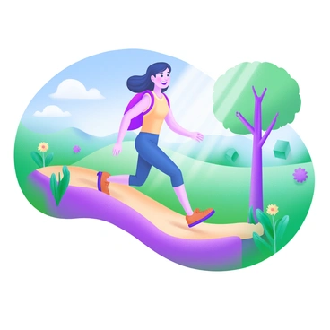 A person with diabetes walking on a natural trail, smiling as they enjoy the surroundings. The scene captures their feet in comfortable walking shoes making contact with the earth, surrounded by vibrant greenery and wildflowers. Sunlight filters through the trees, casting soft shadows on the trail. In the background, there are distant hills and a clear blue sky, creating a peaceful outdoor atmosphere.