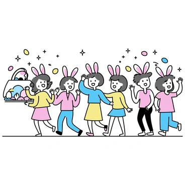 A group of children, wearing colorful bunny ears, are walking in a line during an Easter parade. Each child has a big smile and is waving their hands enthusiastically. The children are dressed in bright spring outfits, with some wearing pastel colors. They are surrounded by decorated floats featuring Easter eggs and flowers. The atmosphere is lively, with balloons and streamers adding to the festive scene.