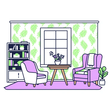 A cozy room is adorned with vintage wallpaper that features repeated fern designs. The wallpaper displays intricate green fern patterns against a contrasting background. In the center of the room, there is a wooden table with a floral tablecloth, topped with a small vase holding fresh flowers. A comfortable armchair in the corner is draped with a knitted blanket. To the side, a bookshelf filled with books and a few potted plants adds warmth. Soft, warm light filters in through a window, illuminating the room's inviting atmosphere.