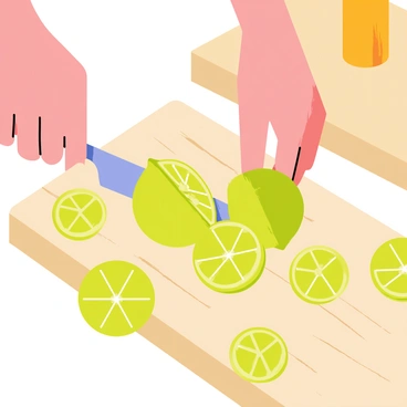A hand holding a sharp knife is chopping bright green limes on a wooden cutting board. The limes are halved with vibrant juice droplets glistening on their surfaces. The cutting board has visible wood grain textures, and a few lime slices are scattered around. The background shows a slight blur of kitchen utensils, adding to the cooking atmosphere.