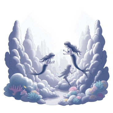 An underwater kingdom filled with intricate coral reefs that rise and fall in various formations. The coral is detailed with unique shapes and textures, creating a natural habitat. Several mermaids swim gracefully among the reefs, each with flowing tails and defined features. The mermaids are engaged in exploration, examining the vibrant marine life and the colorful coral around them. Bubbles rise from their movements, adding to the sense of motion in the water. Sunlight filters down from the surface, creating a shimmering effect across the scene.
