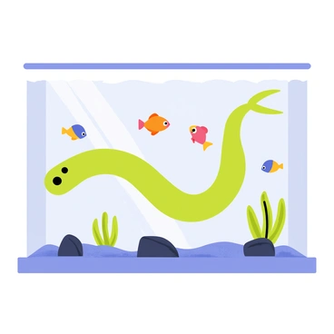 A large eel with a smooth, elongated body swims gracefully through a transparent glass aquarium. The water in the aquarium is crystal clear, allowing for a full view of the aquatic life inside. Surrounding the eel are various colorful fish, including a bright orange clownfish, a striking blue tang, and a vibrant yellow guppy, all swimming playfully among the aquatic plants and decorative rocks at the bottom of the tank. The lighting in the aquarium highlights the colors of the fish and enhances the serene underwater environment.