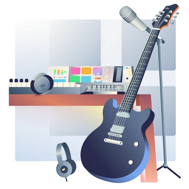 A close-up view of various musical instruments and equipment in a recording studio is presented. In the foreground, there is a shiny black electric guitar with a glossy finish lying against a wooden side table. Next to it, a silver microphone with a pop filter is positioned on a adjustable microphone stand. To the left, there is a digital audio workstation with a colorful display and several knobs and buttons. A pair of professional headphones with a padded headband is resting on the edge of the table. In the background, a keyboard with black and white keys is visible, along with a set of colorful sound mixing panels featuring sliders and dials. The studio walls are adorned with soundproofing panels in various shades of grey.