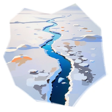 An aerial view showcasing multiple winding rivers meandering through an expansive landscape of permafrost. The rivers are a vibrant blue, contrasting sharply against the muted white and gray tones of the frozen ground. Patches of snow and ice are interspersed throughout the permafrost, reflecting the light in various ways. The intricate patterns of the rivers create a stunning visual network that draws the eye across the vastness of the scene, showcasing the beauty of this remote environment.