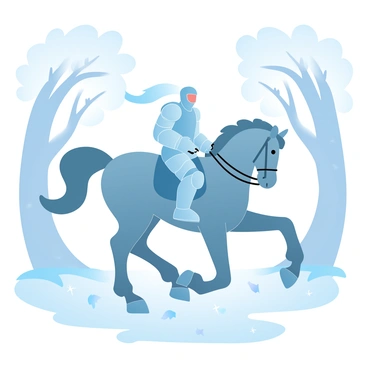 A knight in shining armor is riding a majestic horse through a misty forest. The armor is intricately detailed, reflecting the soft light of dawn. The horse has a sleek mane flowing in the gentle breeze. Surrounding them are tall trees with branches covered in a light fog, creating a mystical atmosphere. The ground is carpeted with fallen leaves, and delicate rays of sunlight are filtering through the canopy, illuminating the path ahead. A subtle shimmer of dew can be seen on the leaves and grass.