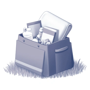 A bag situated on a grassy field, prominently displayed with its contents. The bag is open, revealing a water bottle, various snacks neatly arranged, and a folded blanket, each clearly visible. The grassy field surrounds the bag, with blades of grass extending outward, creating a natural setting.